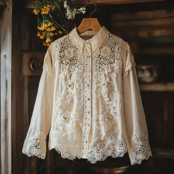 Women's Retro Floral Lace Embroidery Art Lapel Shirt