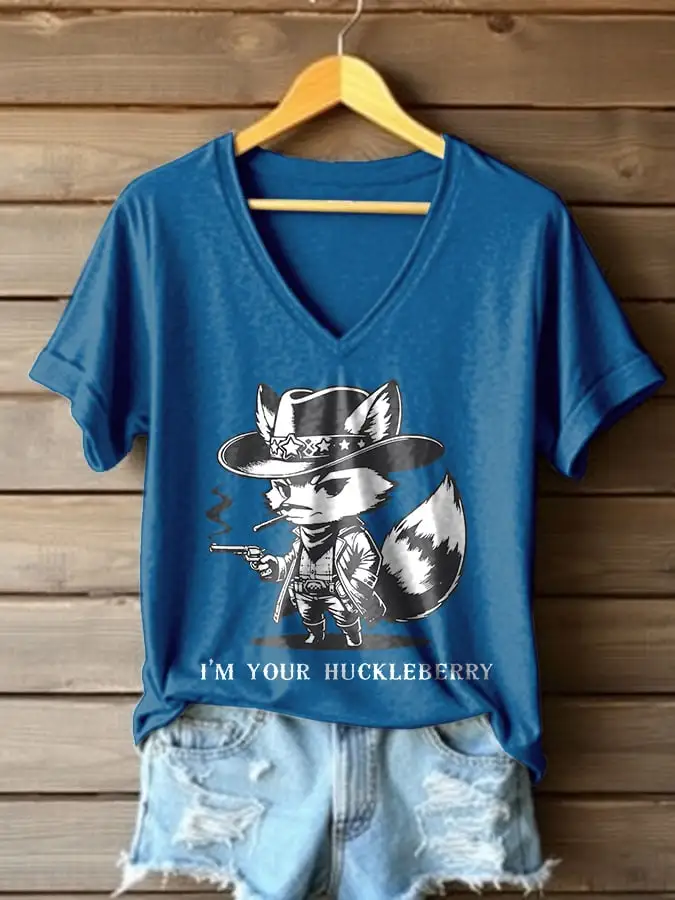 V-Neck Retro I'm Your Huckleberry Western Print T-Shirt