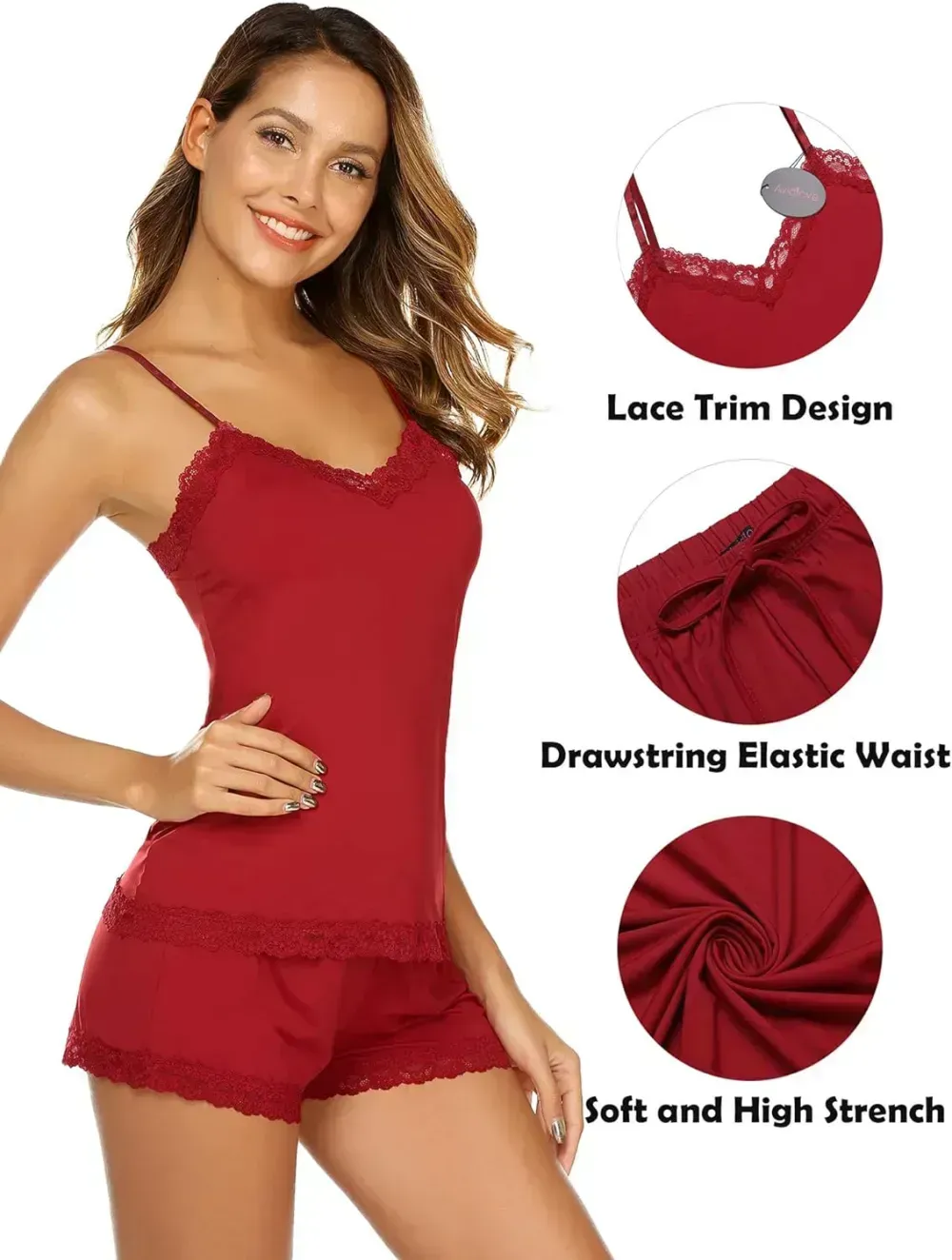 Women Cami Pajama Set Modal Sleepwear Lace Trim Short PJ Set with Shorts