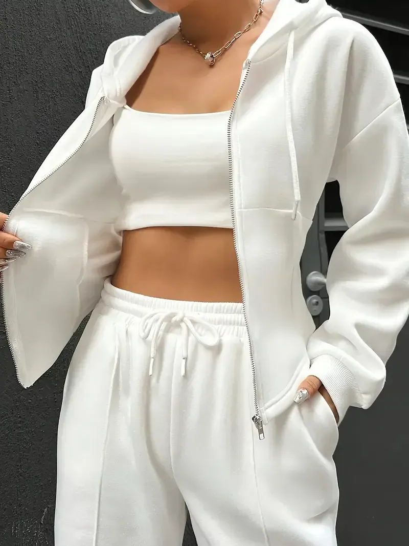 [All Seasons Polyester Hooded Tracksuit] Women'S Elegant Solid Color Polyester Hooded Tracksuit Set with Drawstring and Zipper Details – Knit Fabric Pantsuit for All Seasons