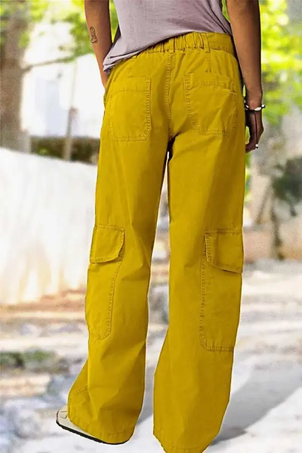 Zip Detail Flap Pocket Cargo Mid Waist Straight Leg Pants