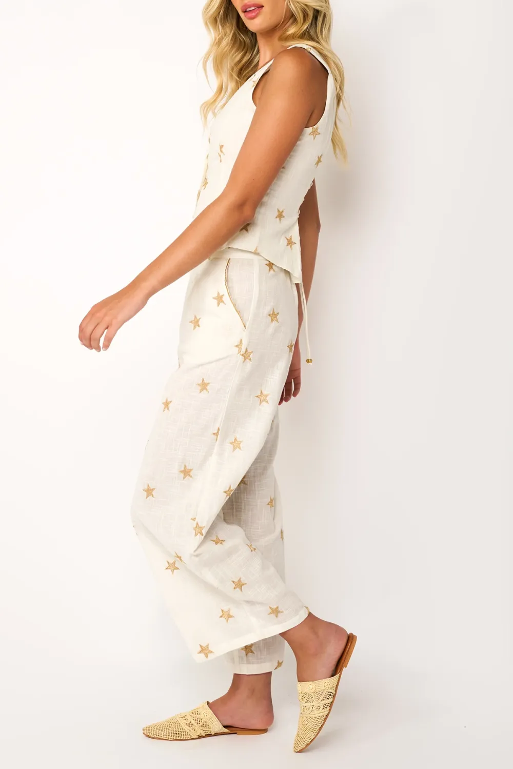White Star Embroidered Wide Leg Pants