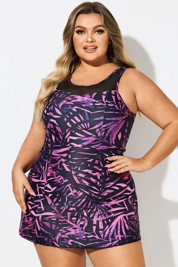 Multi Abstract Print Mesh High Neck Swimdress
