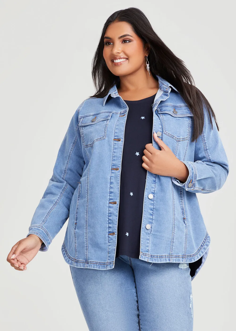 Cotton Curved Hem Denim Shacket