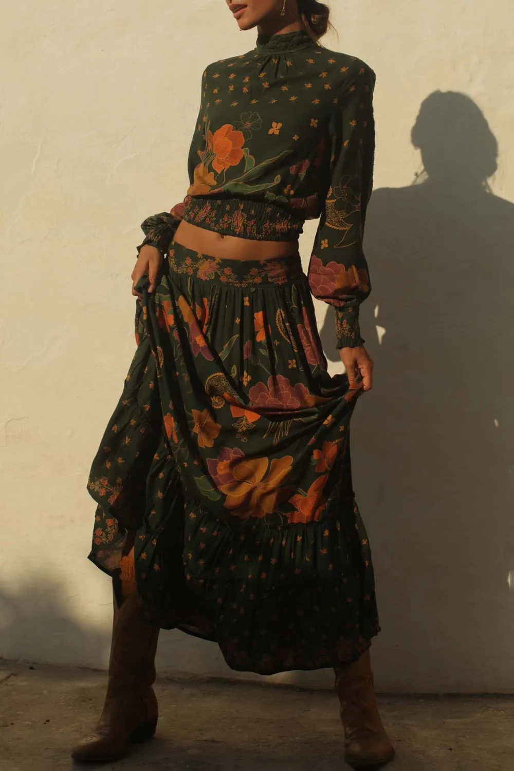Dark Green And Orange Floral Print Maxi Skirt