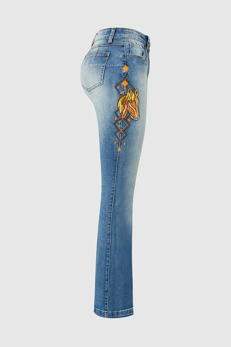 Horse Embroidery High Waist Bootcut Jeans Without Belt