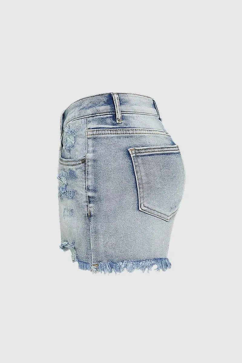 Wash Ripped High Rise Denim Shorts Without Belt