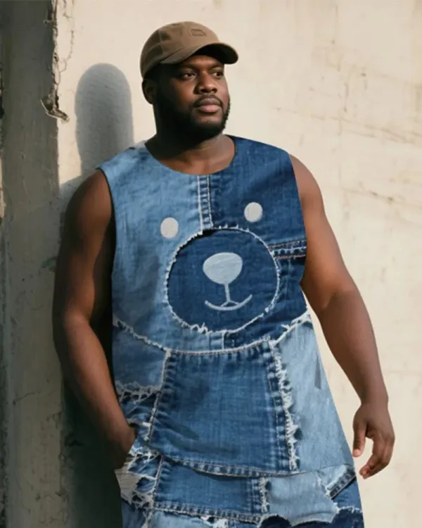 Big & Tall Men's Denim Bear Print Vest and Shorts Suit