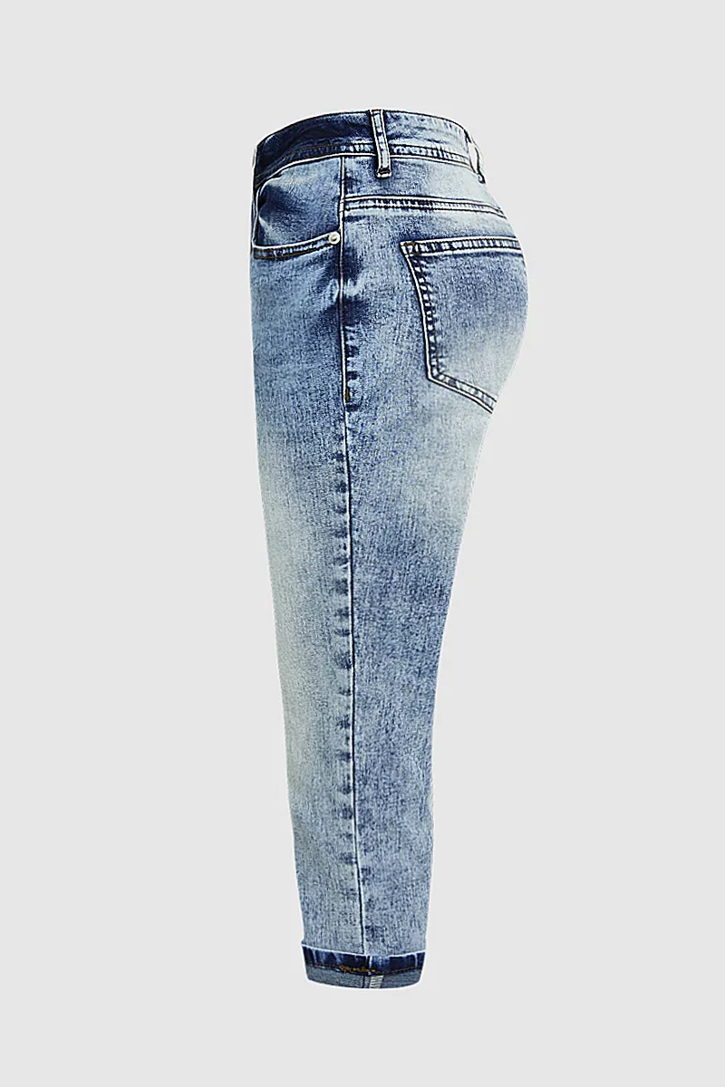 Roll Hem Wash High Stretch High Waist Capri Jeans