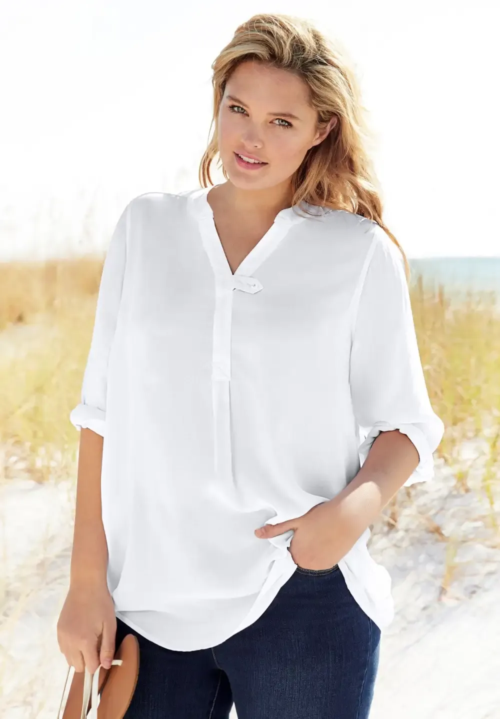 Rayon 7-Day Three-Quarter Sleeve Tab-Front Tunic