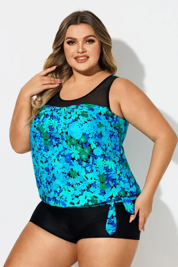 Plus Size Floral Print Mesh Cyan Tankini Top