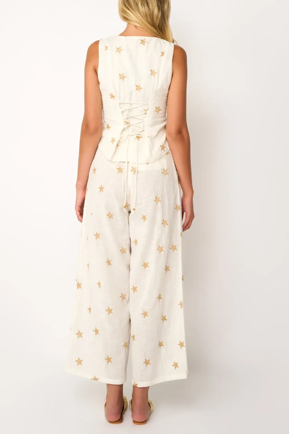White Star Embroidered Wide Leg Pants