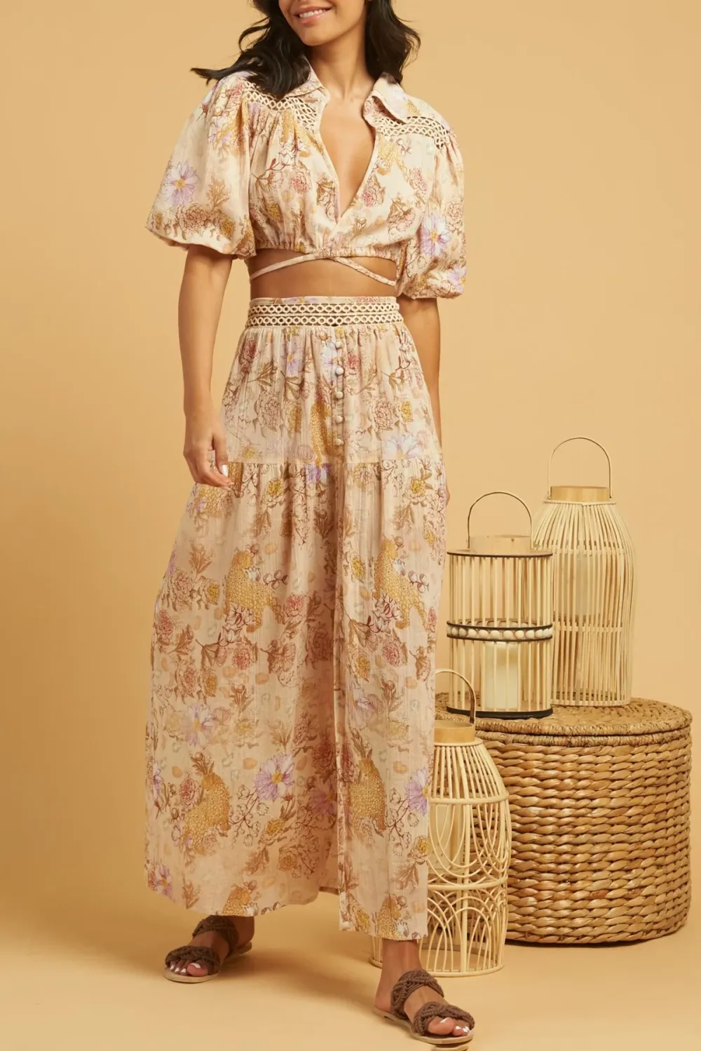 Beige And Brown Paisley Print Maxi Skirt