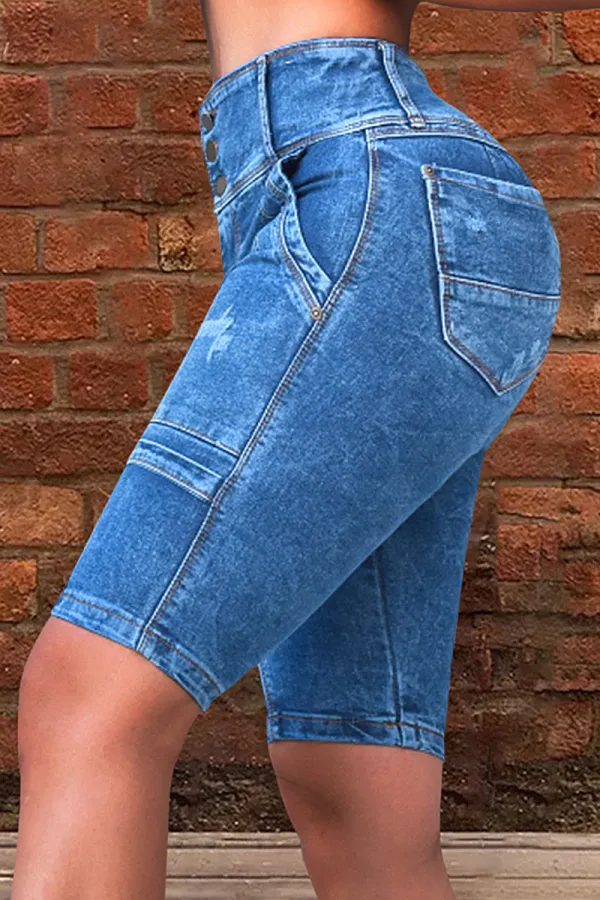 Wash Seam Front Button Fly High Rise Denim Bermuda Shorts