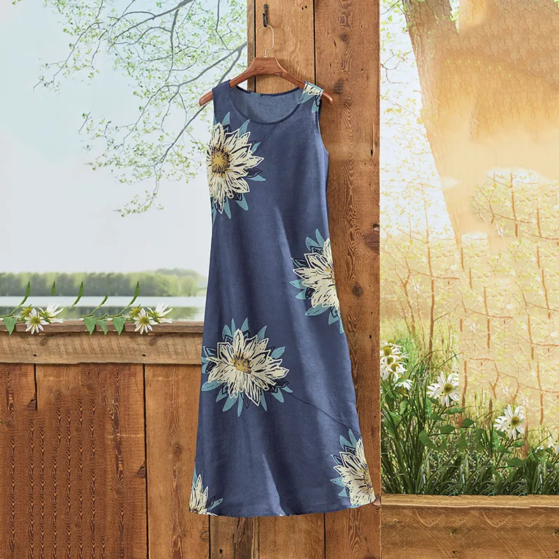 Vintage Floral Art Linen Sleeveless Dress