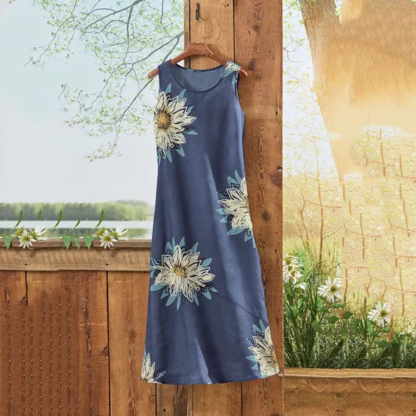 Vintage Floral Art Linen Sleeveless Dress