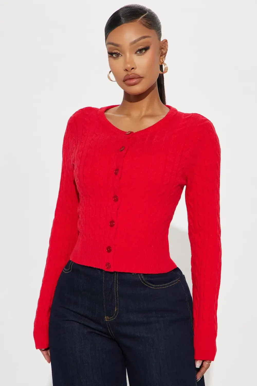 Elowen Cable Knit Cardigan - Red