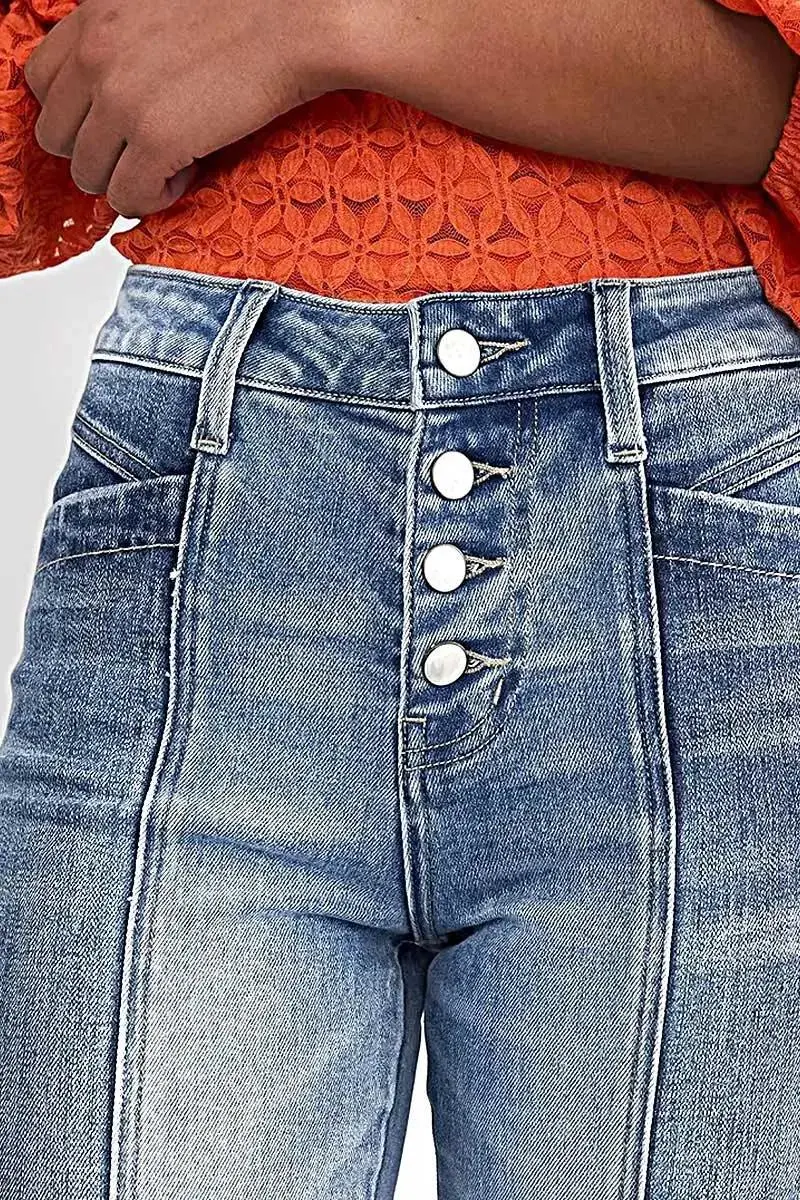 Cut & Sew Button Fly Mid Waist Flare Jeans