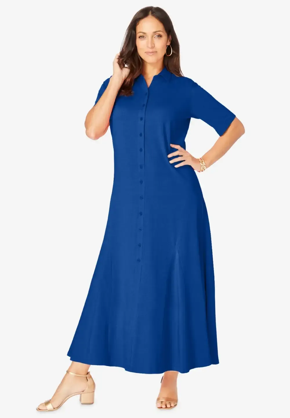 Stretch Cotton Button Front Maxi Dress