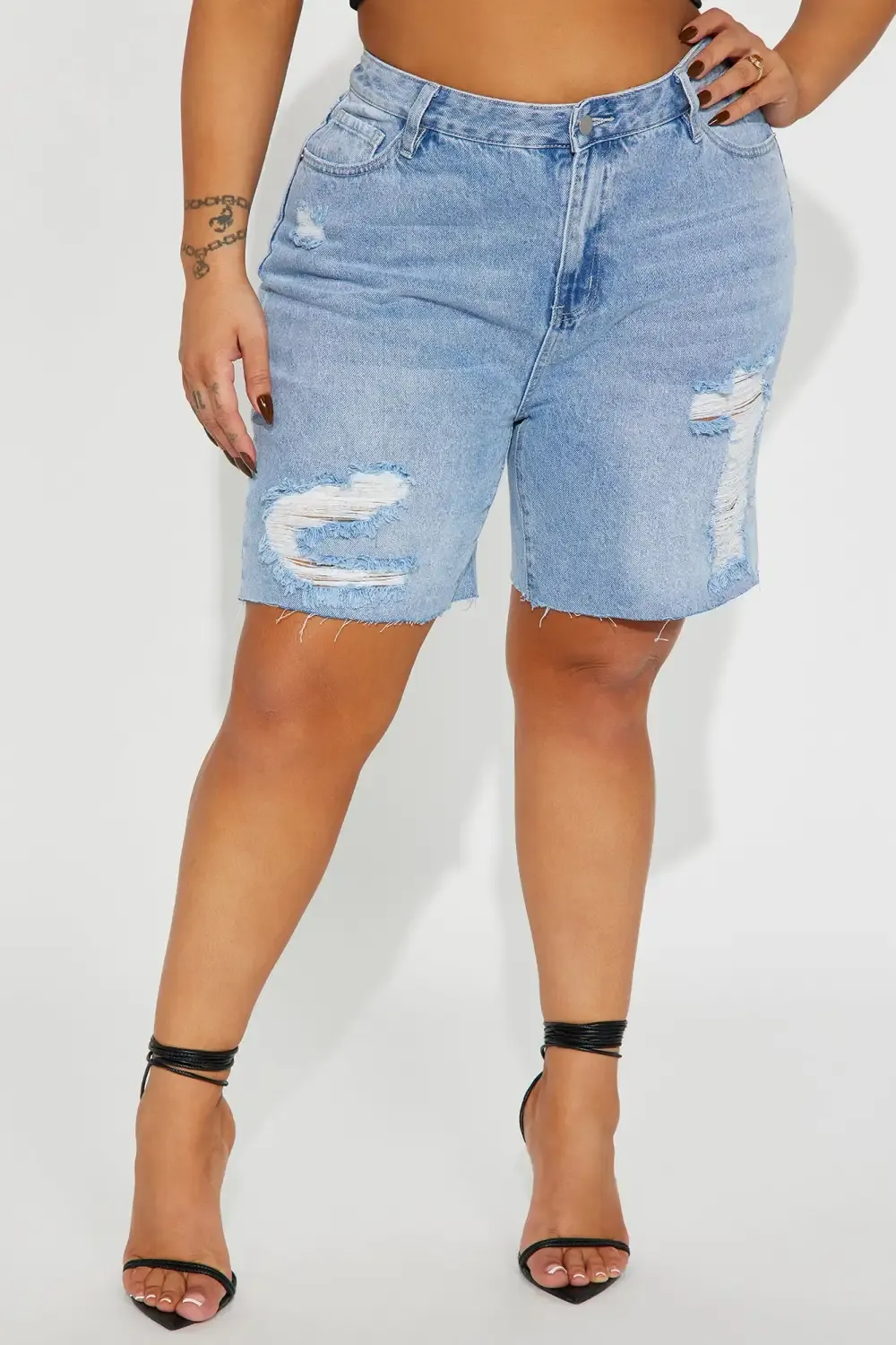 She's Bad Tattoo Embroidered Denim Bermuda Shorts - Light Wash