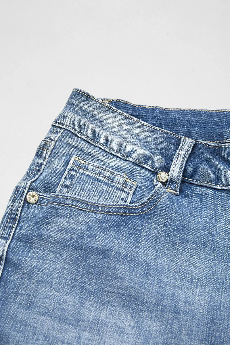 Floral Embroidery Raw Hem Mid Rise Denim Bermuda Shorts