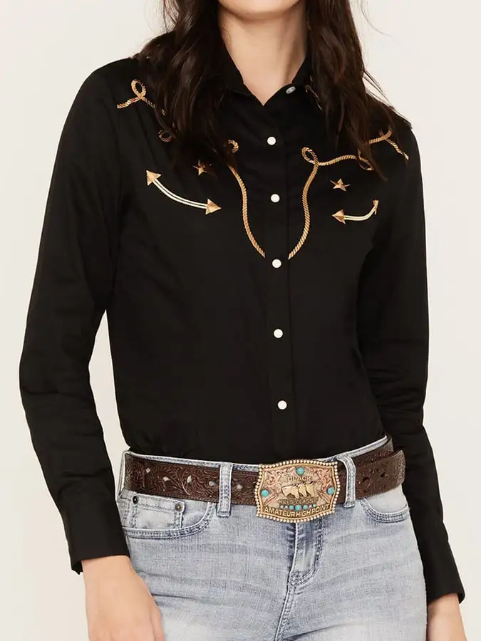 Women's Vintage Western Art Print Casual Linen Shirt