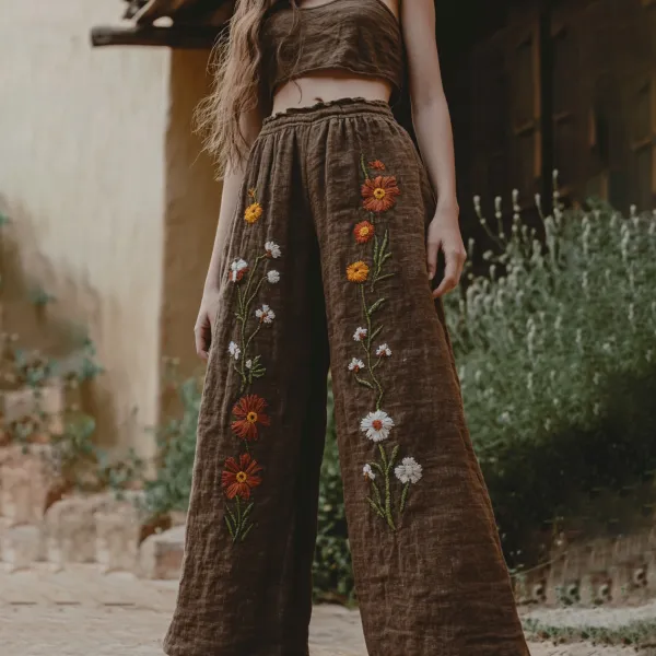Women's Retro Linen Floral Boho Loose Wide-leg Trouser Pants
