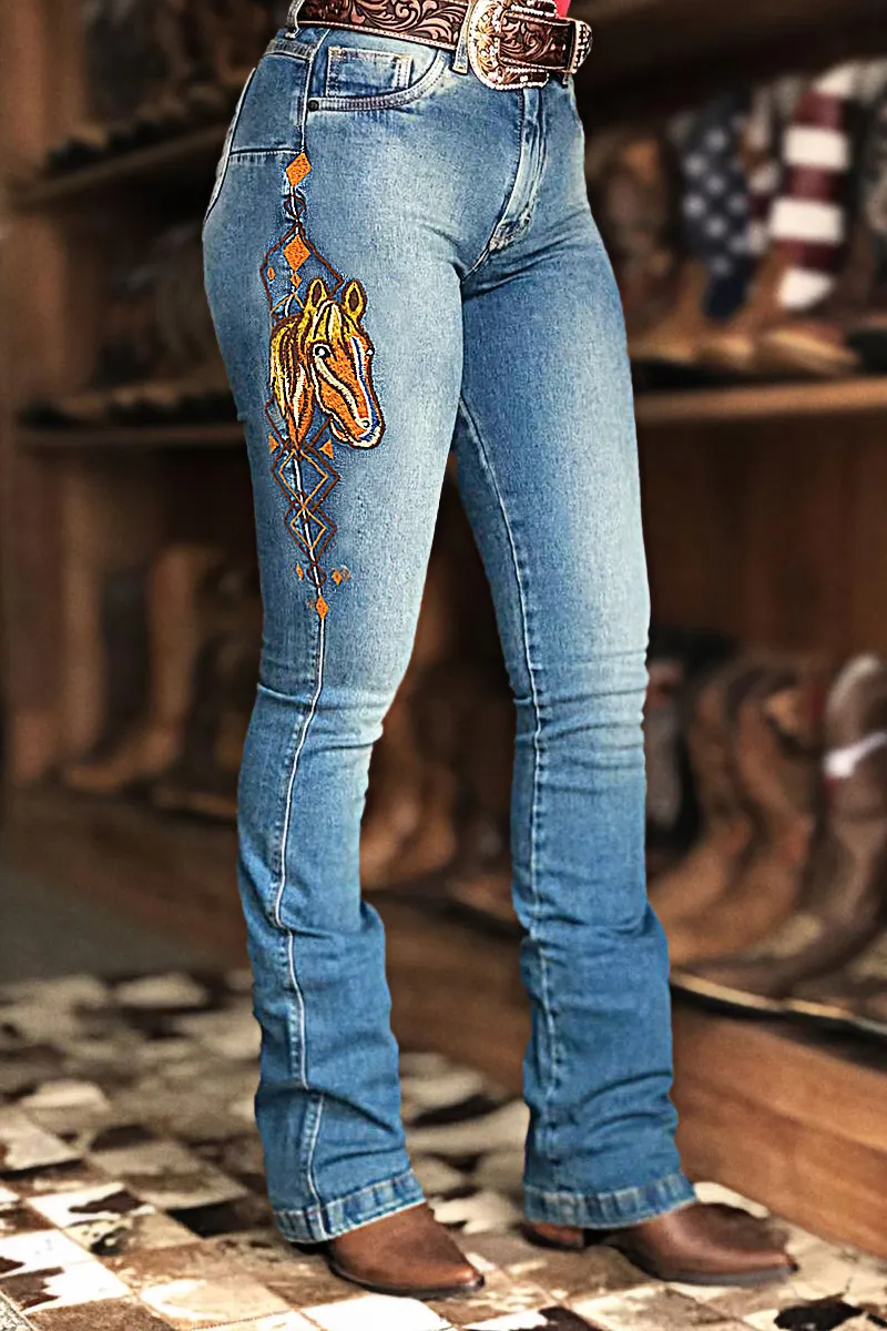 Horse Embroidery High Waist Bootcut Jeans Without Belt