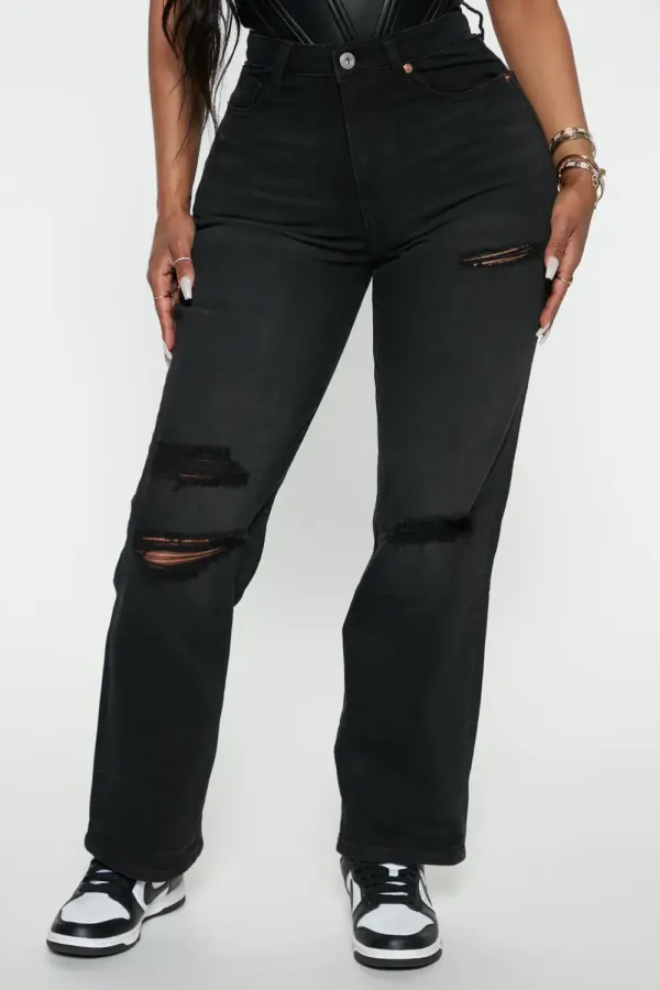 Play Back  Ripped Straight Leg Jeans - Black Wash