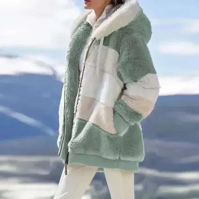 Women's Fashion Patchwork Hooded Zipper Plush Jacket