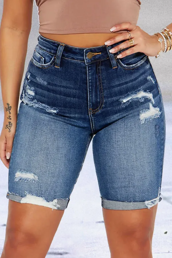 Ripped Raw Hem High Rise Denim Bermuda Shorts