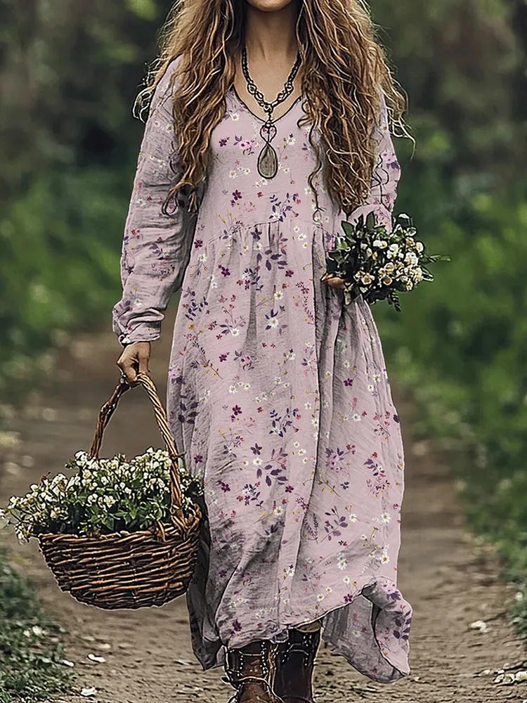 Vintage Wildflowers Floral Art Linen Blend Maxi Dress