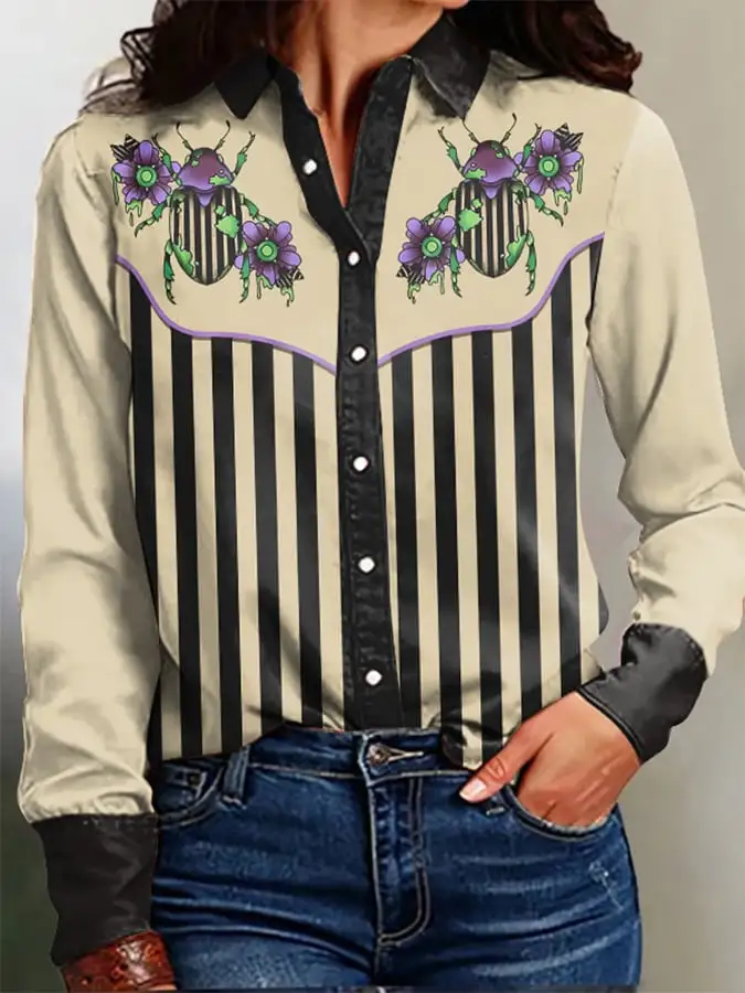 Women's Vintage Western Art Print Casual Linen Blouse