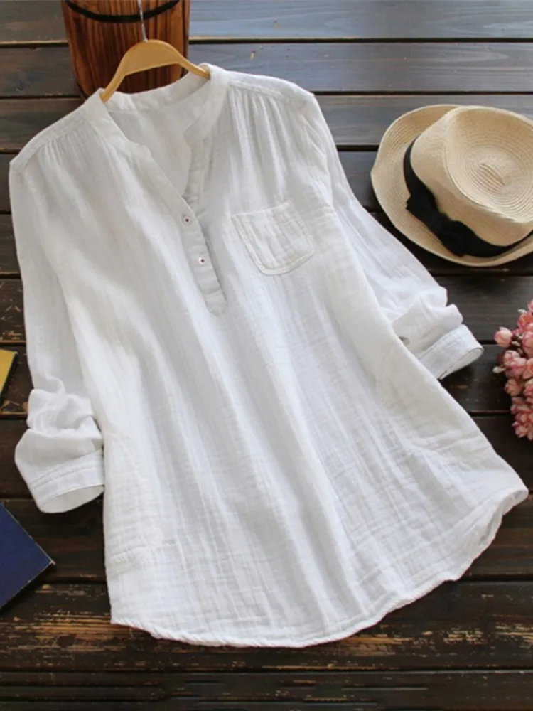 V Neck Button Down Pocket Comfy Shirt
