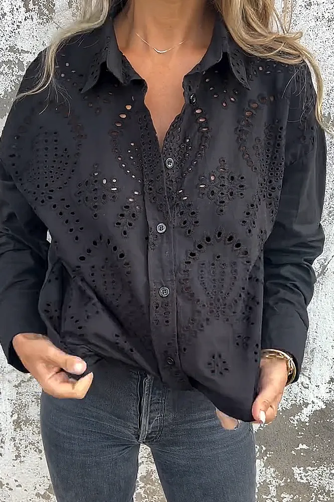 Women's solid color cotton and linen hollow out shirt