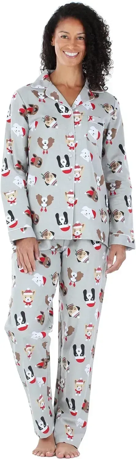Women's Cotton Flannel Long Sleeve Button-Down Pajamas PJ Set
