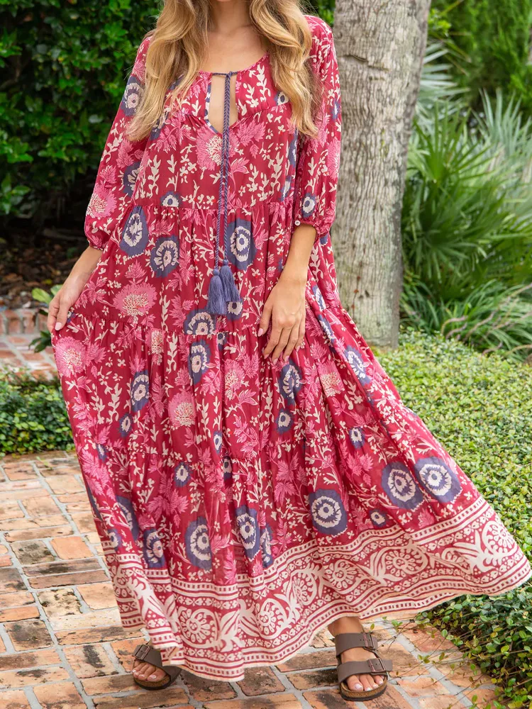 Women's Casual Floral Print Cotton And Linen Dress