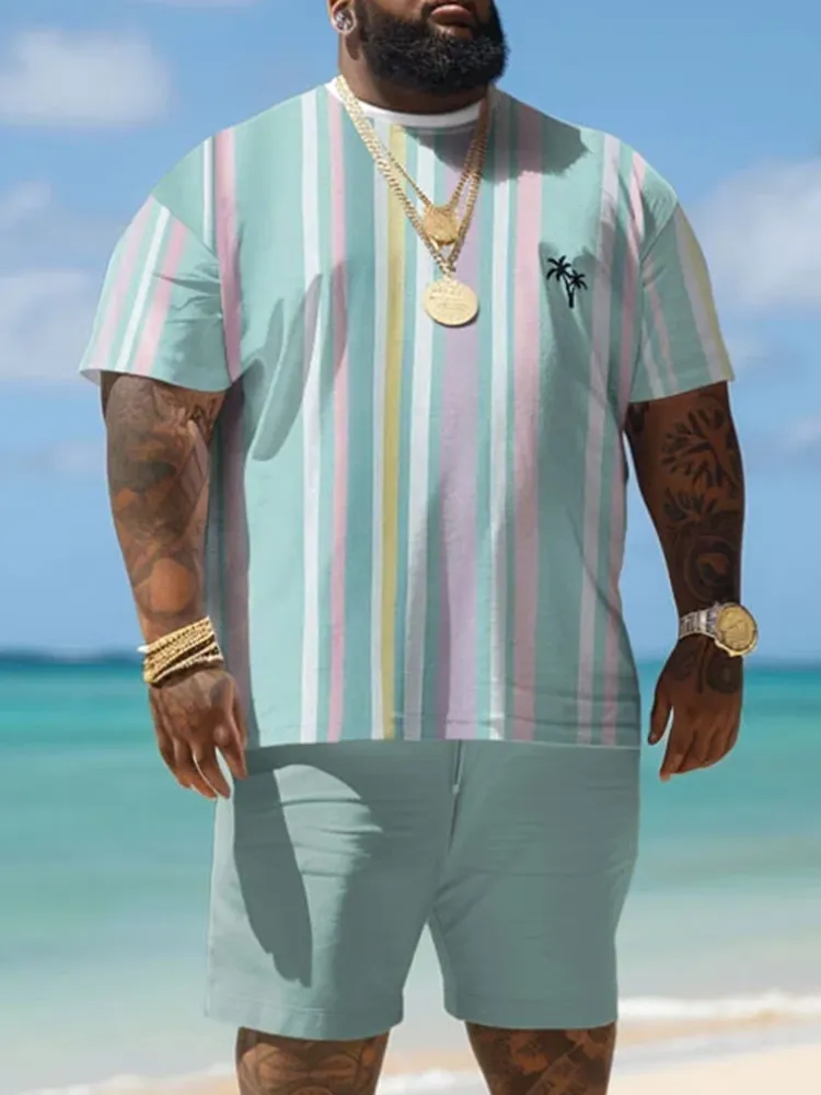 Big Men Hawaiian Striped Coconut Tree Print T-Shirt Shorts Set