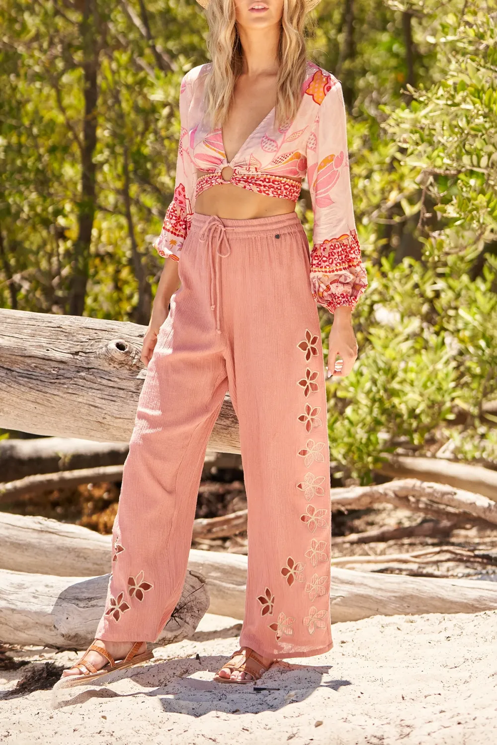 Pink Embroidered Wide Leg Pants