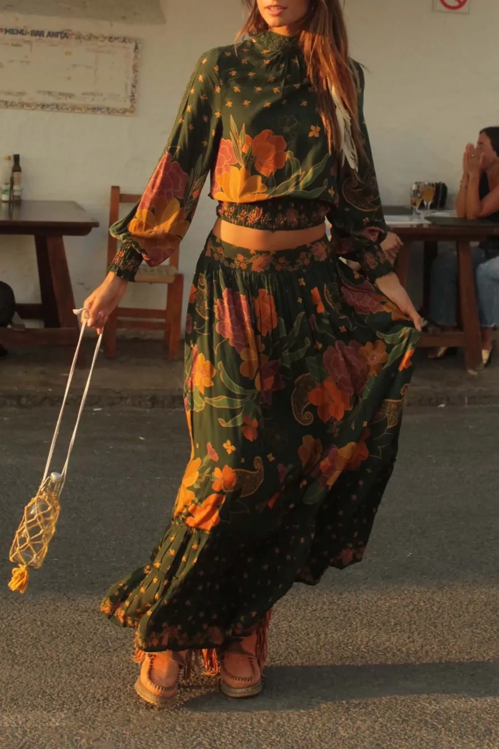 Dark Green And Orange Floral Print Maxi Skirt