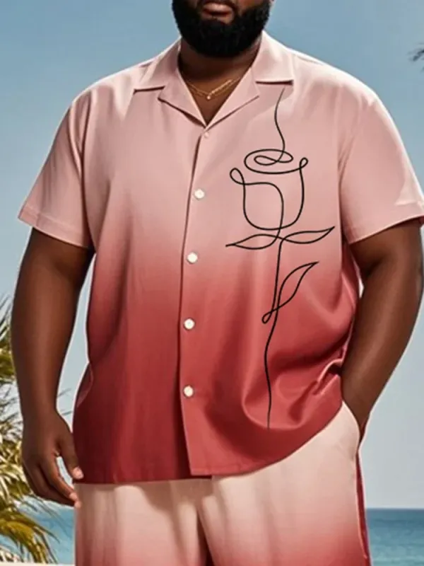 Big & Tall Men'S Hawaiian Vacation Red Gradient Line Rose Print Shirt Shorts Suit