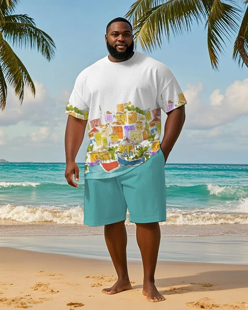Big & Tall Men's Color Graffiti House Printed T-Shirt and Shorts Suit