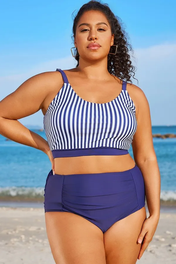 Plus Size Blue & White Striped Bikini Top