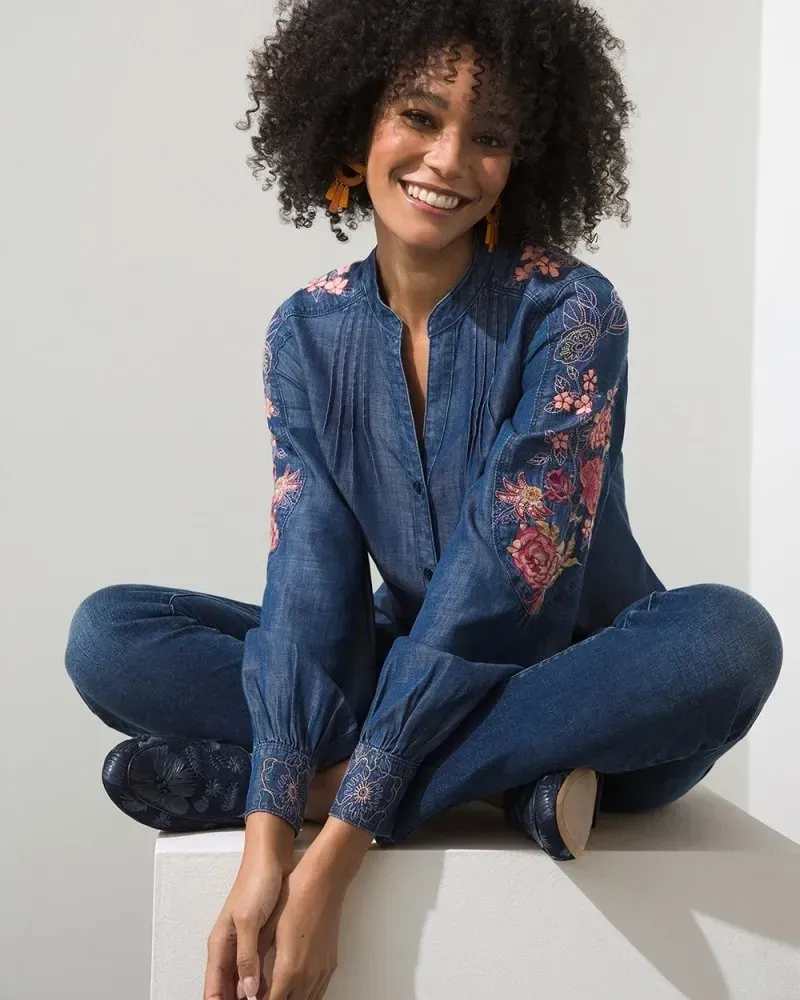 Touch of Cool Embroidered Blouse London Blue