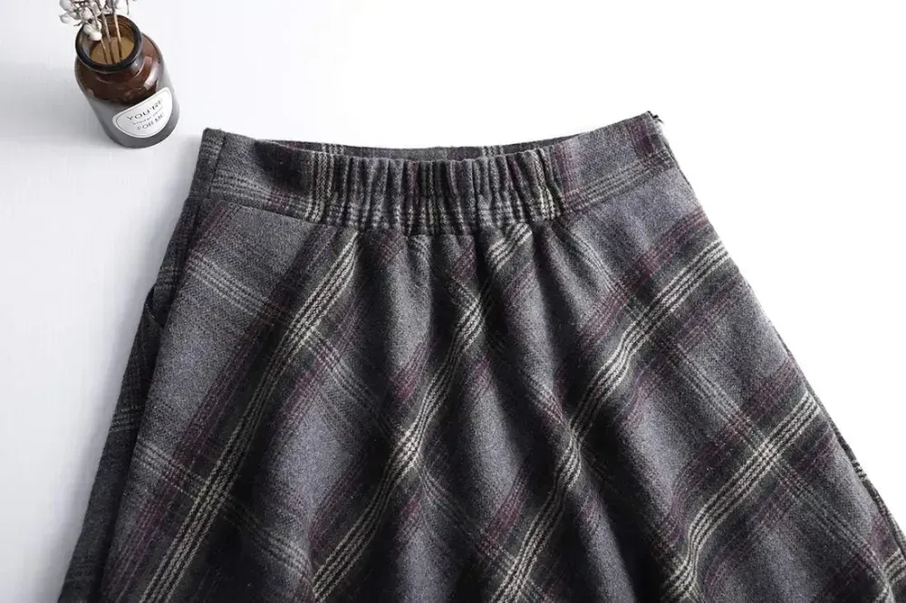 Women's Winter Elegant Warm Long Skirt Wool Maxi Skirts Elastic Waist A-Line High Waist Plaid Pleated Skirt S-3XL