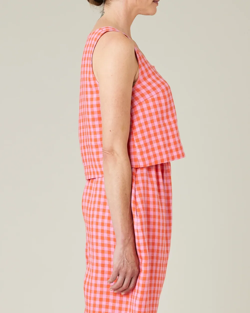 TOMATO & PINK CHECK LINEN TOP