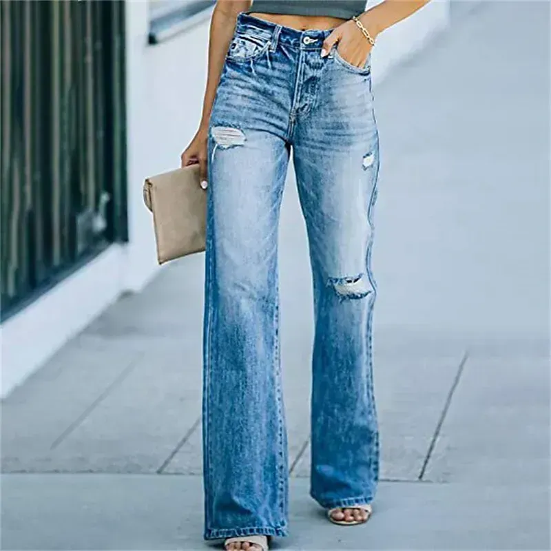 Women's Wide Leg Jeans Flare Leg Ripped Plain Jeans Classic Modern Regular Spring &  Fall Black Blue