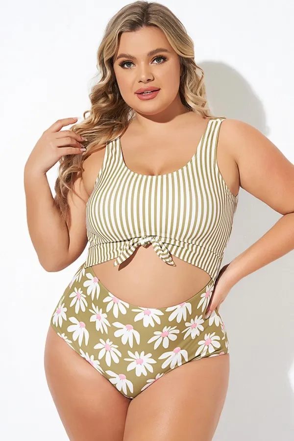 Leopard Print Stripe Knotted One Piece Swimsuit