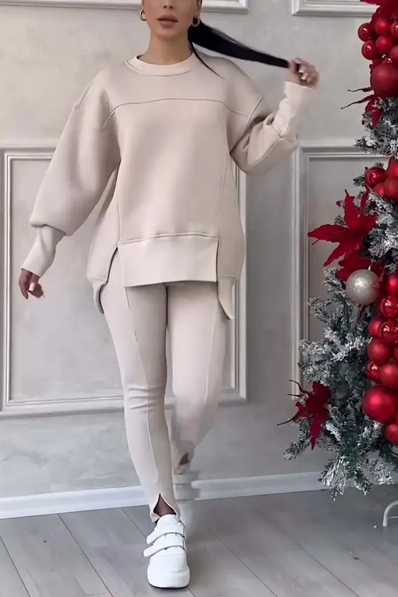 Women's Casual Solid Color Round Neck Long Sleeve Slit Hem Sweatshirt Leggings Set