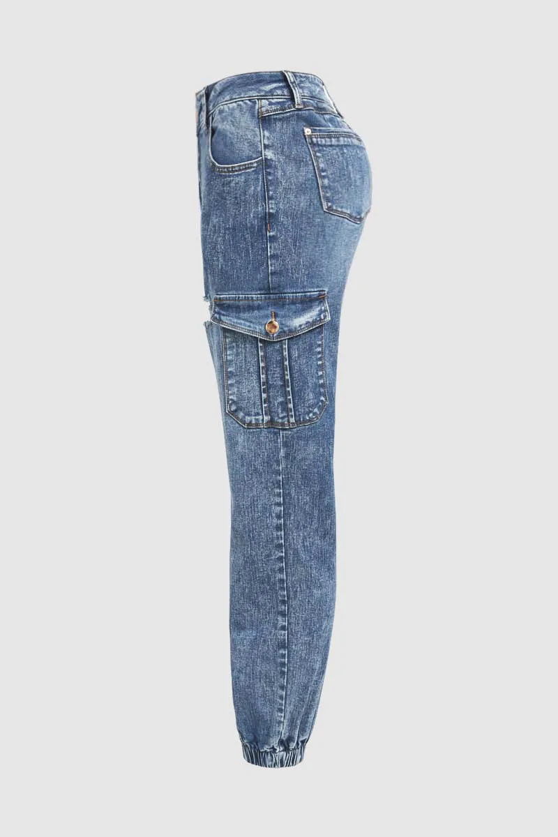 Wash Ripped Flap Pocket High Rise Cargo Jeans